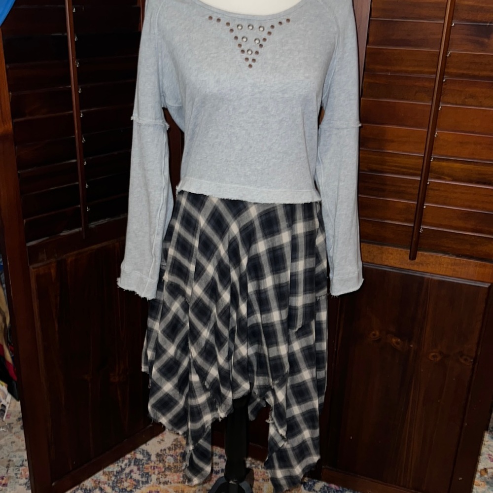 Free People Grunge Asymmetrical handkerchief hem and plaid skirt with gray top!